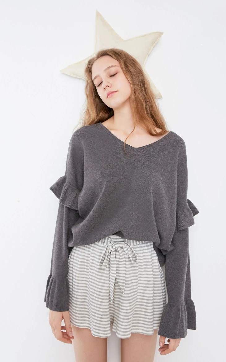 Vero Moda Новое поступление женские расклешенные рукава v-образным вырезом свободный крой гофрированные трикотажные | 318324523
