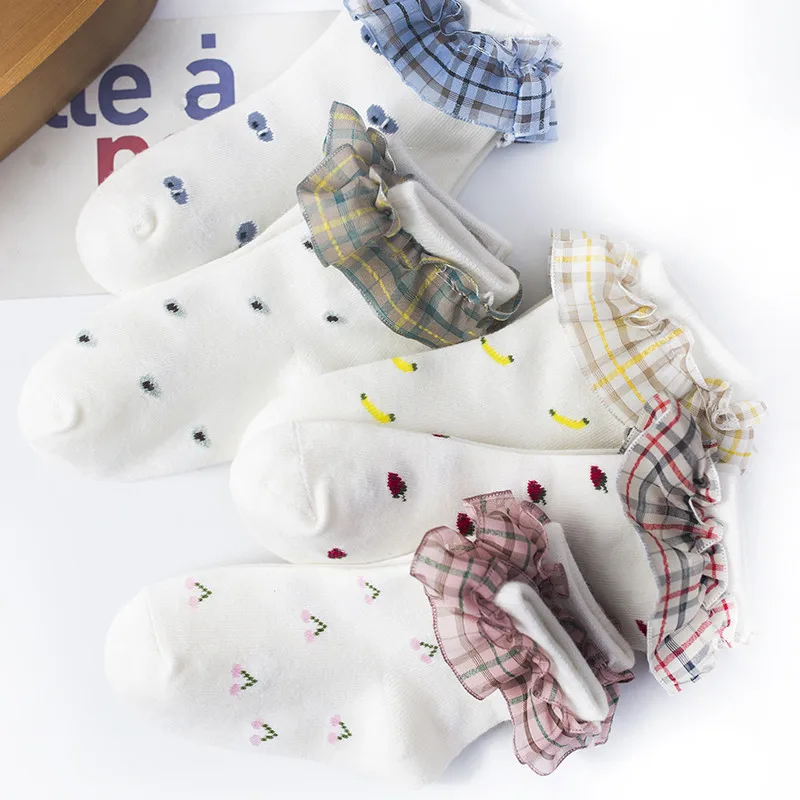 

Кружевные носки для маленьких девочек, весенние клетчатые носки из чесаного хлопка с мультяшным принтом фруктов, аксессуары для одежды