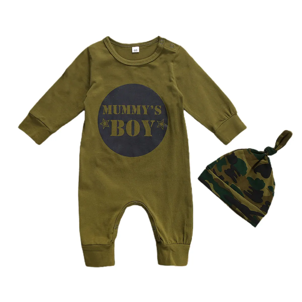

2020 Autumn Newborn Baby Boys Clothing Toddler Long Sleeve Round Collar Letter Print Rompers Jumpsuits + Camouflage Hat 0-24M