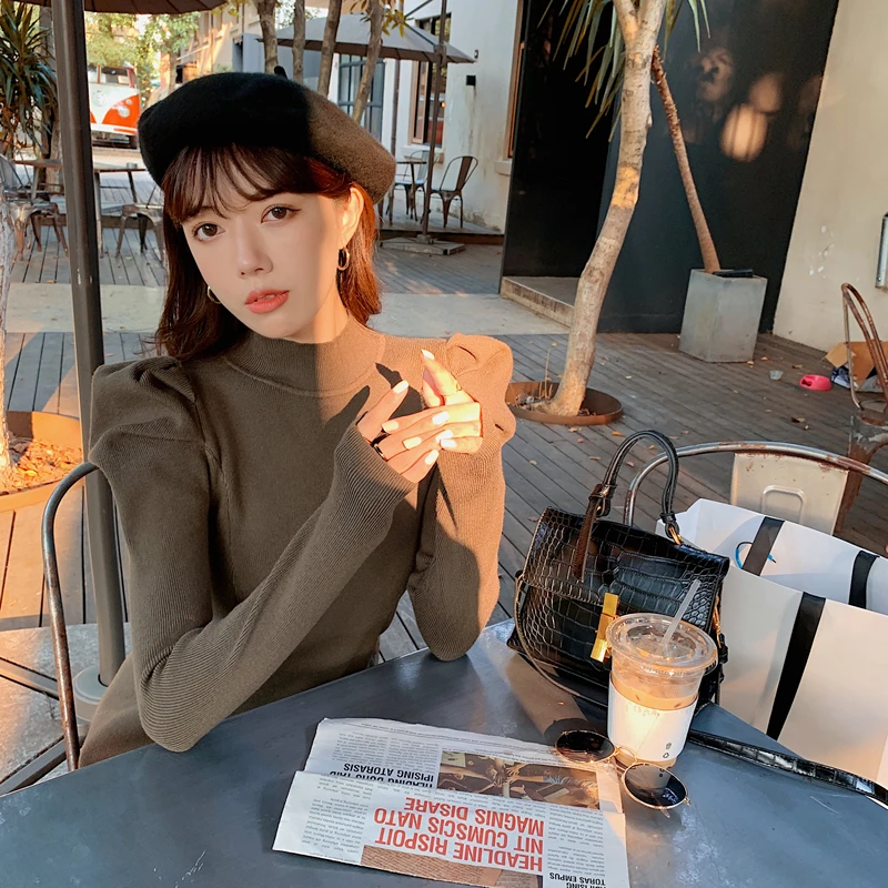 

shot spot 2021 autumn and winter new Korean women's dress solid color long sleeve slim fit bubble sleeve knitted dress