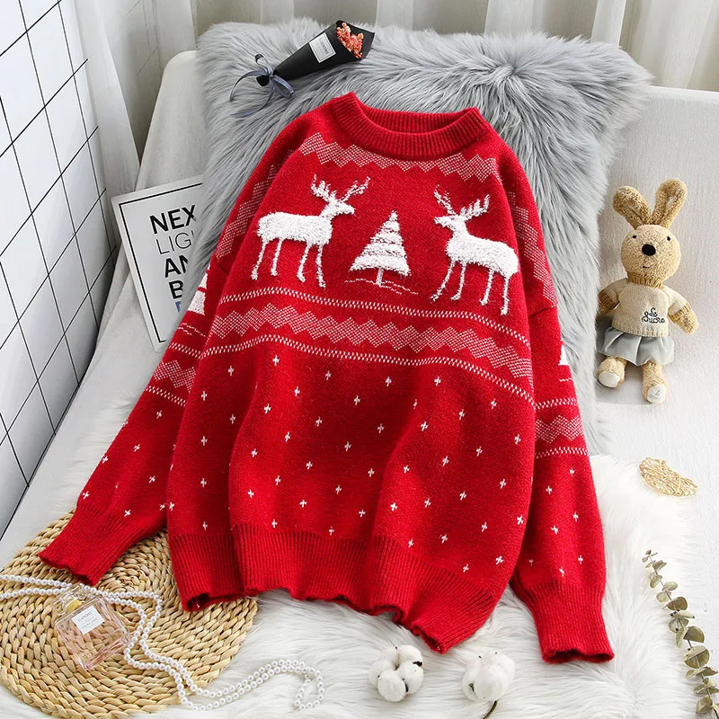

Christmas Deer Red Sweater Women Plus Size Knit Pullover Autumn Winter Clohtes Oversized Casual Printed Thicken Lazy Style Tops