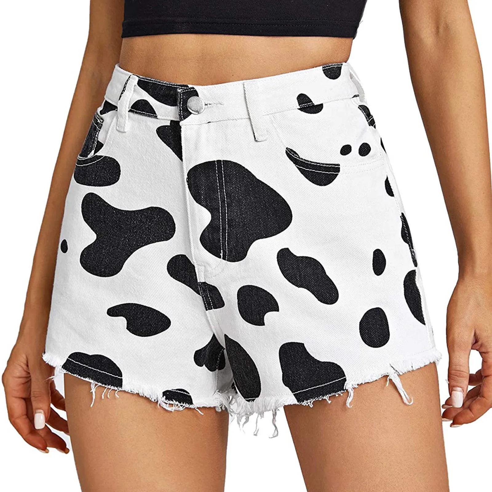 

Korean Summer Women Denim Shorts White High Waist Milk Cow Print Polka Dot Jeans Harajuku Fashion Casual Loose Black Short Pants