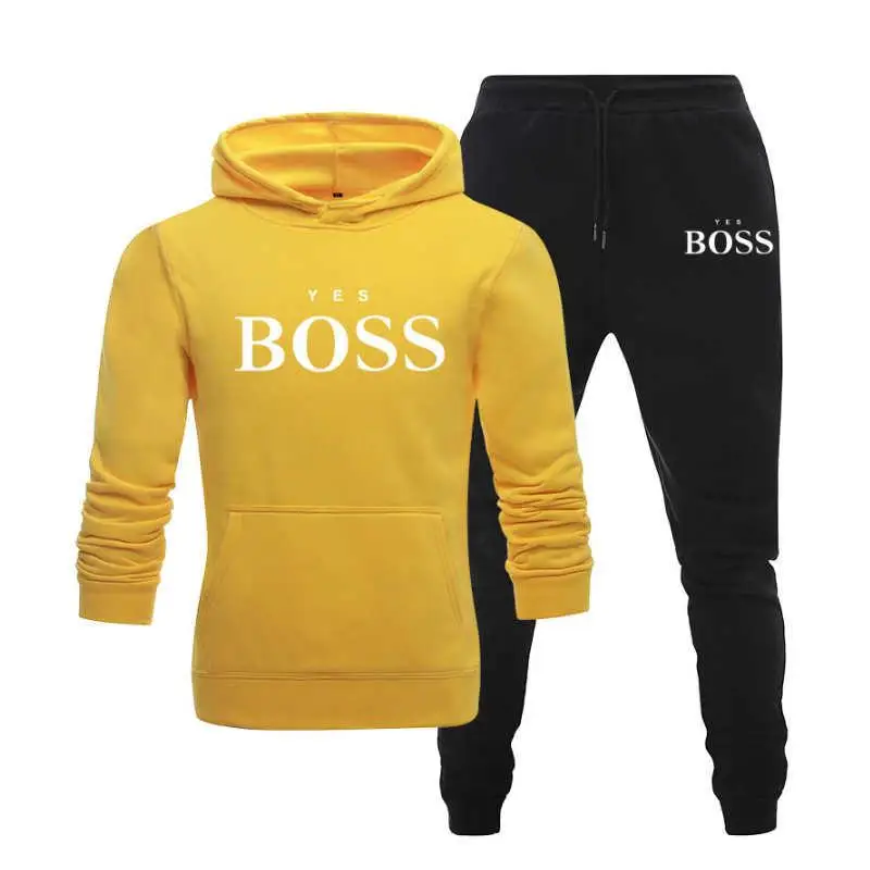 

2021 Yes Boss Print Suit Two Pieces Set Men's Hoodies Sweatshirt+Pants Male Hoody Jogging Tracksuit Men Sportswear Brand Outfit