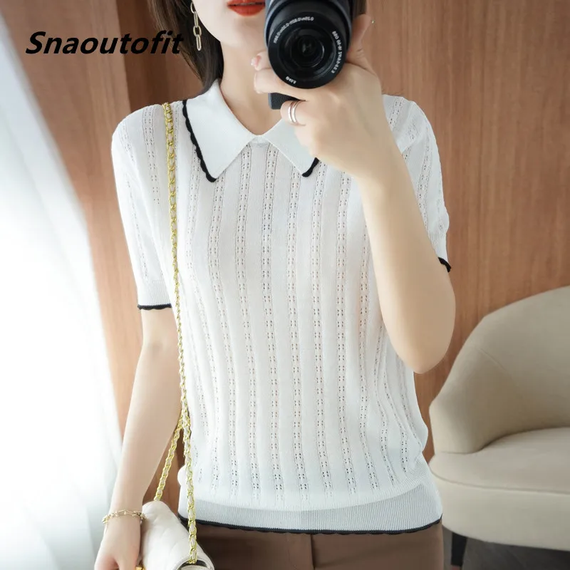 

Snaoutofit 2021 весна лето новая женская мода темпераментный воротник поло полый чистый хлопок вязаный короткий рукав Дикий свободный лацкан
