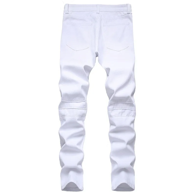

2020 Men White Motorcycle Jeans Original Cool Pleated Casual Jeans