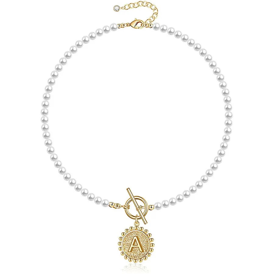 

2021 New Fashion Women A Letter Choker Pearl Necklace Women delicate Party Toggle Button Pearl Choker Necklace Wholesale