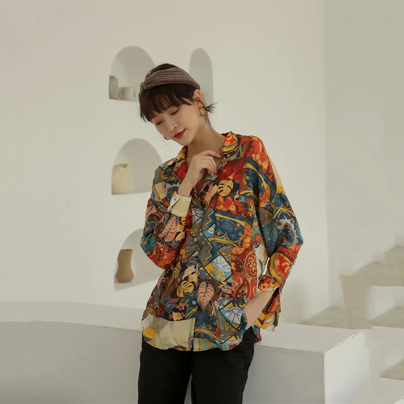 LANMREM разноцветная женская рубашка с отворотом и длинным рукавом принтом масляной