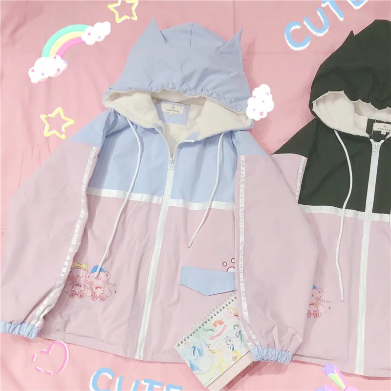 Зимняя милая куртка с капюшоном в японском стиле из овечьей шерсти для девочек