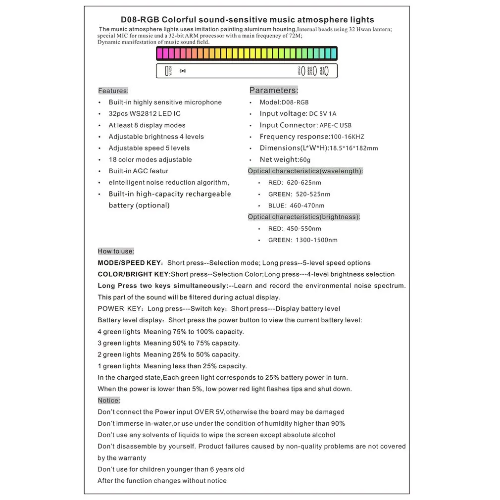 

Ослепительный волшебный светильник D08 с голосовым управлением 32 RGB, светодиодный музыкальный атмосферсветильник льник, визуализация музык...