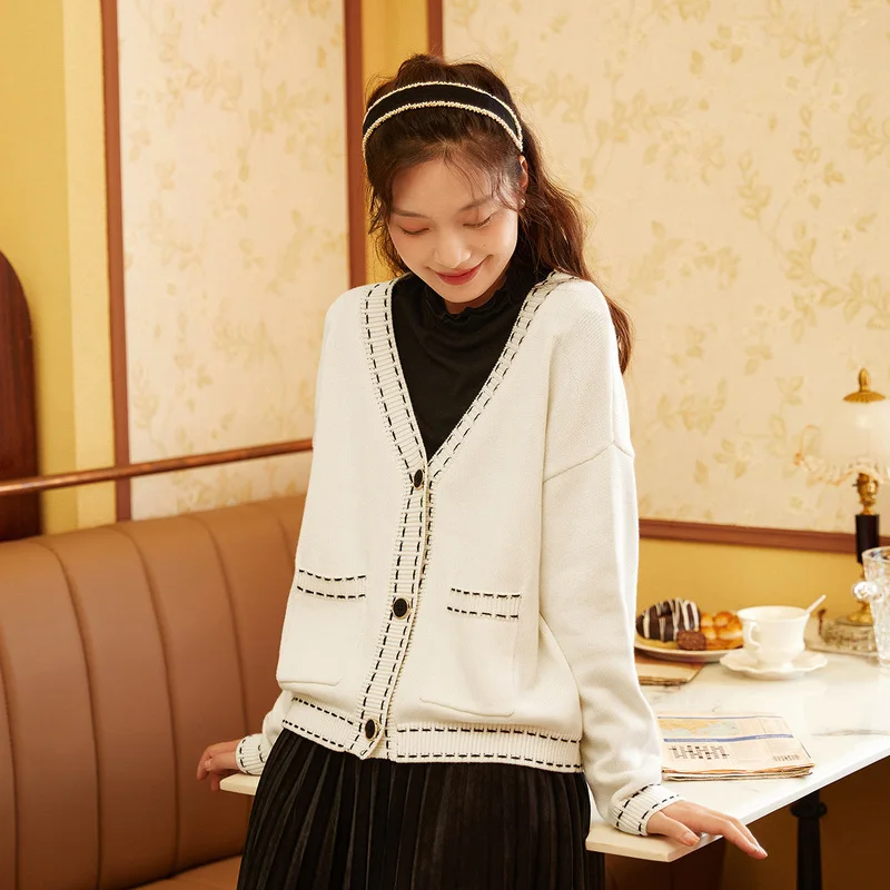 INMAN осенне-зимний мягкий кардиган контрастного цвета свитер женское бежевое