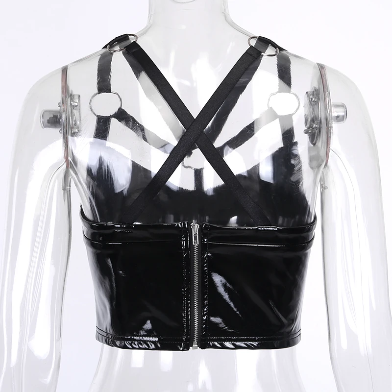 PU Leather Camis Women Sexy Tank Tops Gothic Streetwear Hollow Out Bodycon Bandage Balck Leather Backless Camis Female