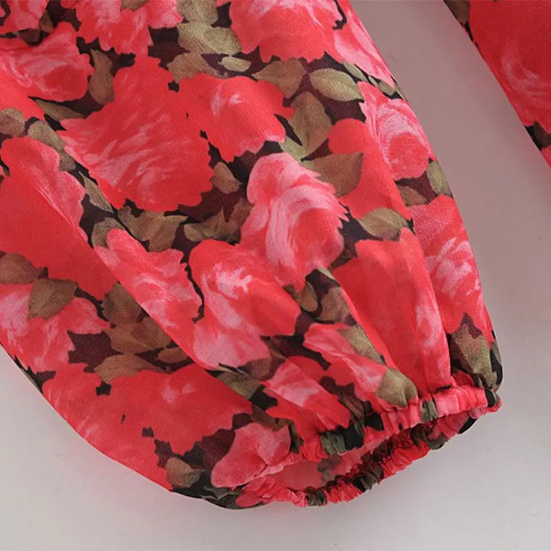 

KNOYEER Sexy Deep V Neck Mini Dress Women Bikini Cover Up Chiffon Red Floral Print Boho Beach Long Sleeve Short Summer Dresses