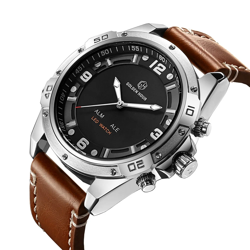 Мужские водонепроницаемые электронные часы с двойным дисплеем из натуральной