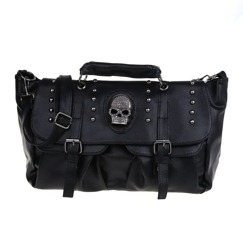 

1Pcs New High Quality Popular Fashion Womens Personalise Punk Rivet Skull Shoulder Bag Handbag Black with Detachable Straps