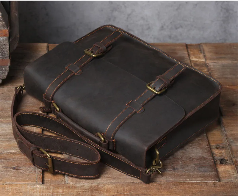 Simple retro unisex genuine leather briefcase top layer cowhide backpack daily dark coffee single shoulder messenger bag