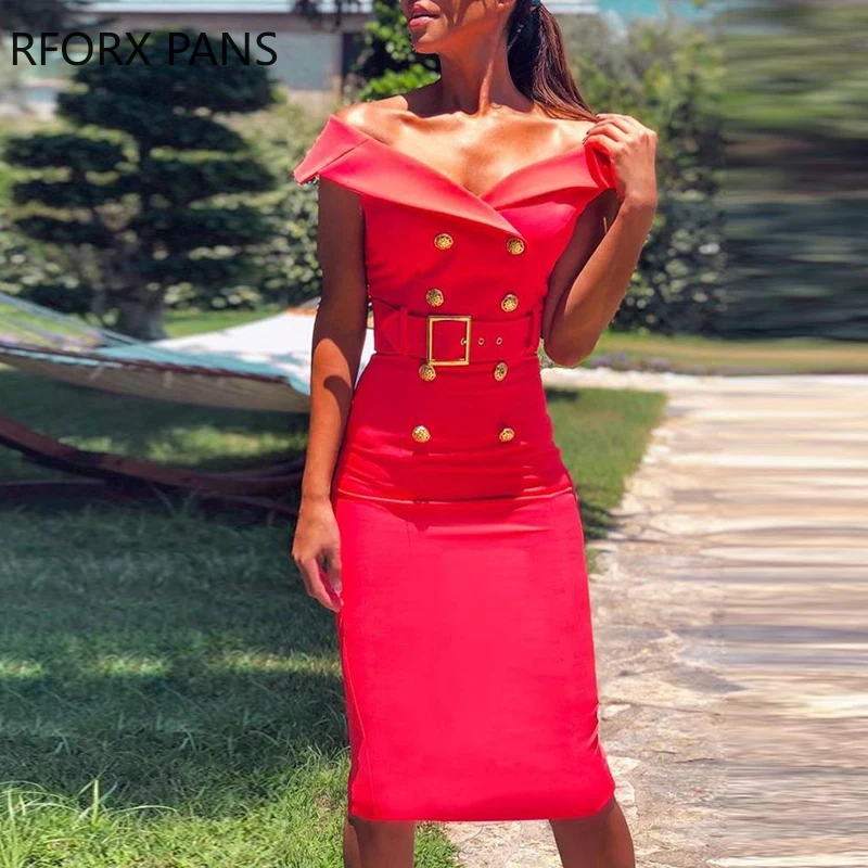 Однотонное двубортное облегающее платье с поясом | Женская одежда