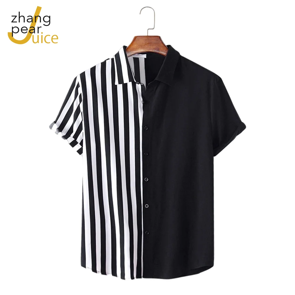 

Men Shirts Color Block Lapel Short Sleeve Fashion Button Up Casual Blouse Streetwear Patchwork Camisa Masculina