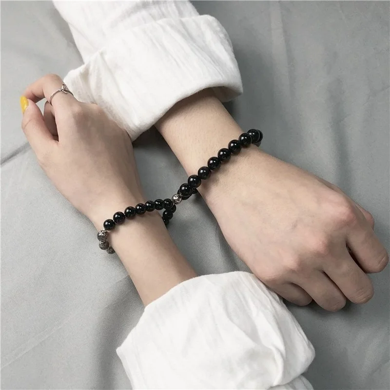 

2pcs/set Charm Magnetic Couple Bracelets Obsidian Stone Beads Bracelet for Lover Magnet Jewelry Distance Valentine's Day Gift