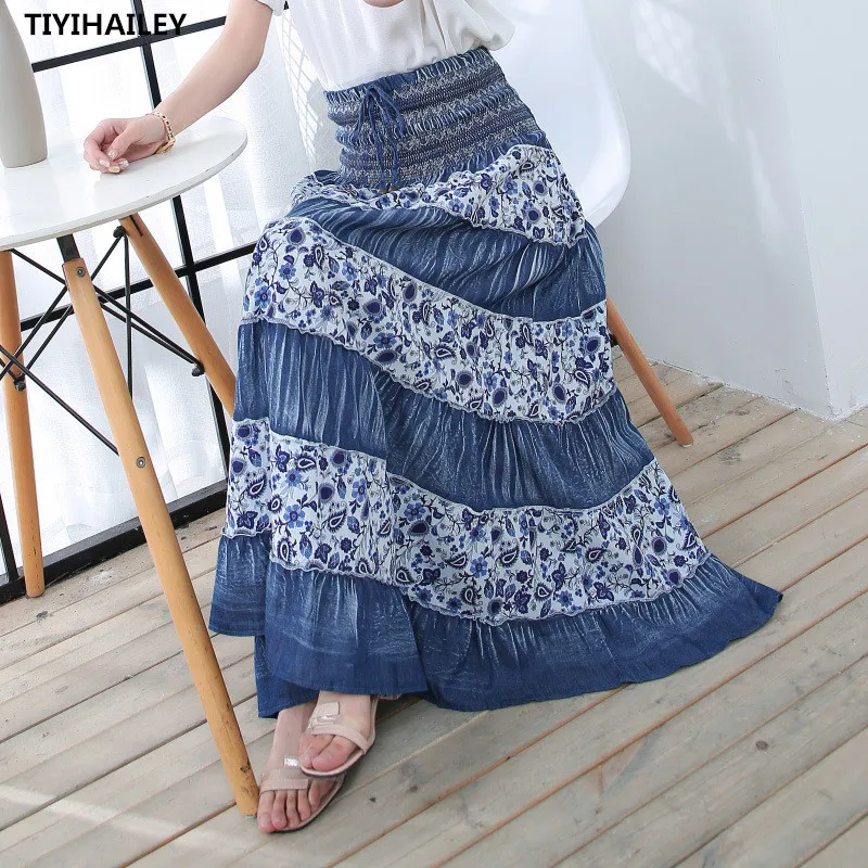 

TIYIHAILEY Free Shipping 2020 New Fashion Long Maxi A-line Skirts Women High Waist Summer Denim Cotton Thin Print Skirts Spring