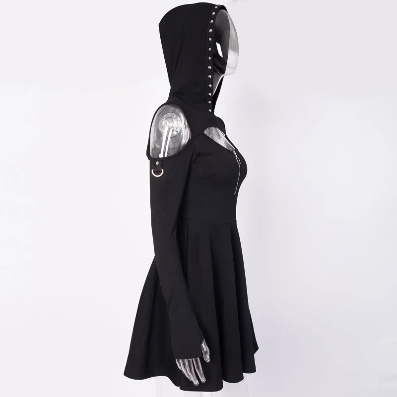 

Punk Dress Sexy Hollow Out Rivet Hooded Miini Dress Women Long Sleeve A Line Gothic Black Vestidos Bodycon Mujer Ropa