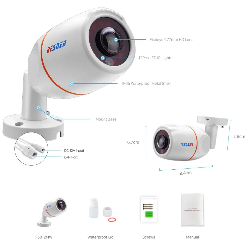 

BESDER Wide Angle 1.7mm Panoramic IP Camera Outdoor Waterproof 1080P HI3516E 1/2.8'' SONY IMX307 Bullet CCTV ONVIF RTSP 48V PoE