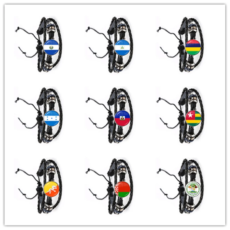 Браслет кожаный унисекс с изображением флага Белиза сардовы Никарагуа Маврикия