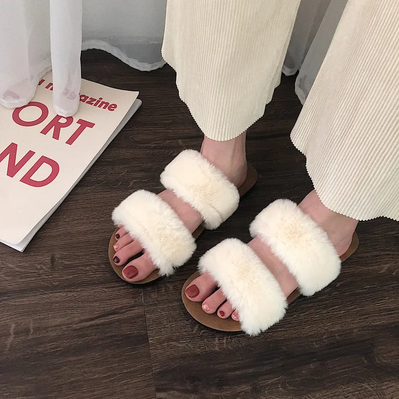 

Whoholl 2020 New Fashion Women Home Slippers Faux Fur Ladies Warm Shoes Woman Slip on Flats Female Slippers comfortable