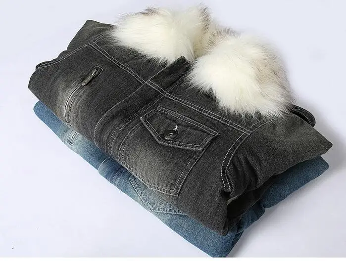 Men's Autumn Winter Parka Thick Velvet Coat Men's Warm Denim Jacket Cowboy Coat Fur Collar