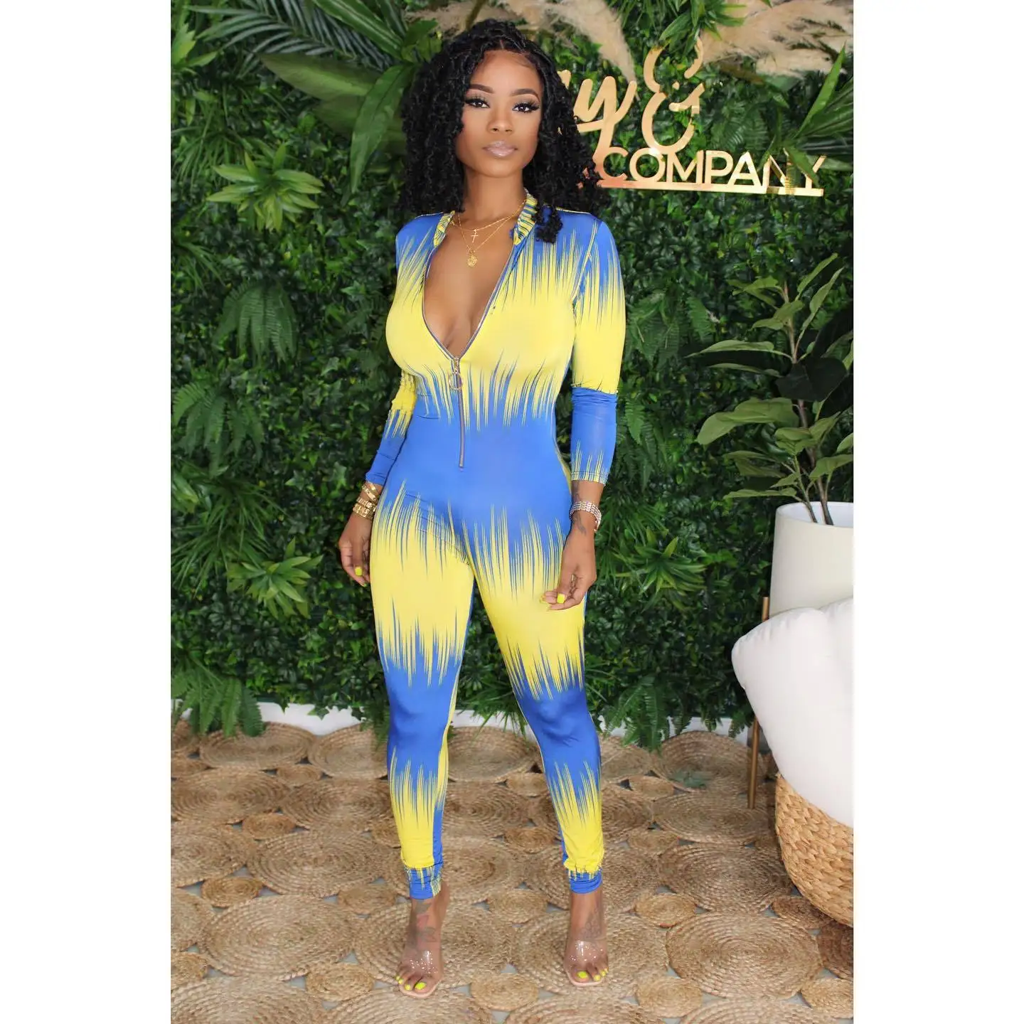 

summer hot sale deep v neck long sleeve jumpsuits sexy tight club party lady fahsion bodysuits high street overalls