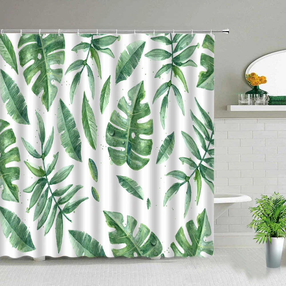 

Green Tropical Plants Shower Curtains Monstera Leaves Printing Waterproof Fabric Bathroom Curtain Bathtub Decor Screen With Hook
