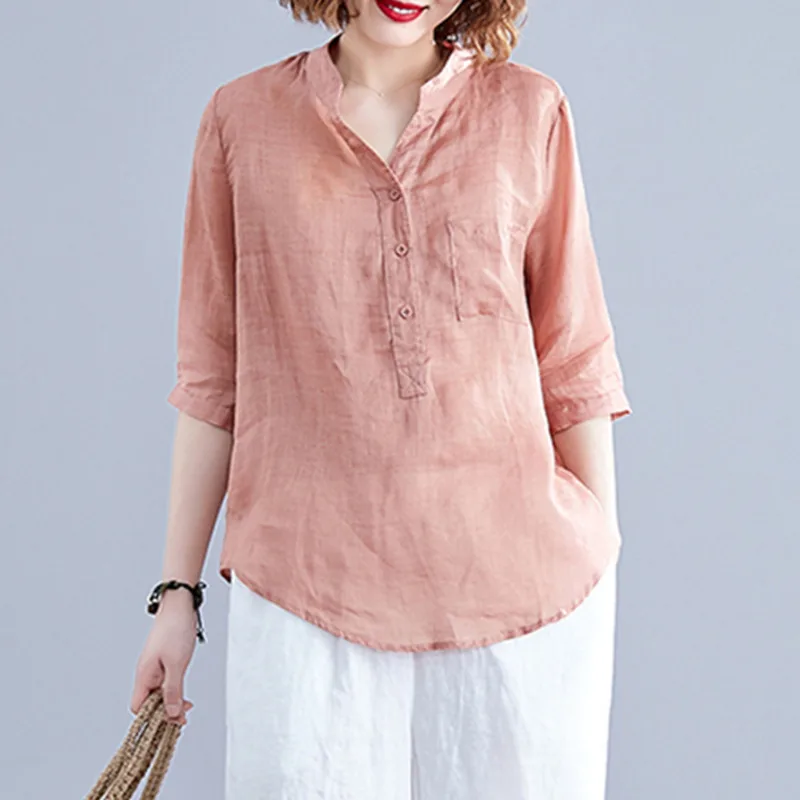 

#2821 Blue Pink Vintage Blouse Shirt For Women Half Sleeves Cotton Linen Blouse Female Loose Stand Collar Retro Blouse Summer