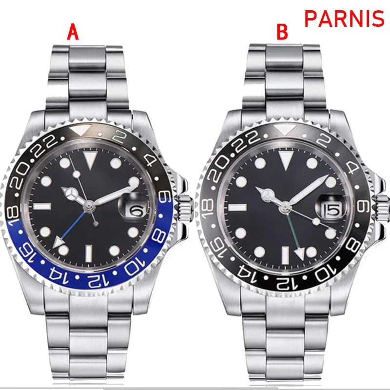 40 мм Parnis с сапфирами Кристалл GMT автоматическое машинное движение светящиеся