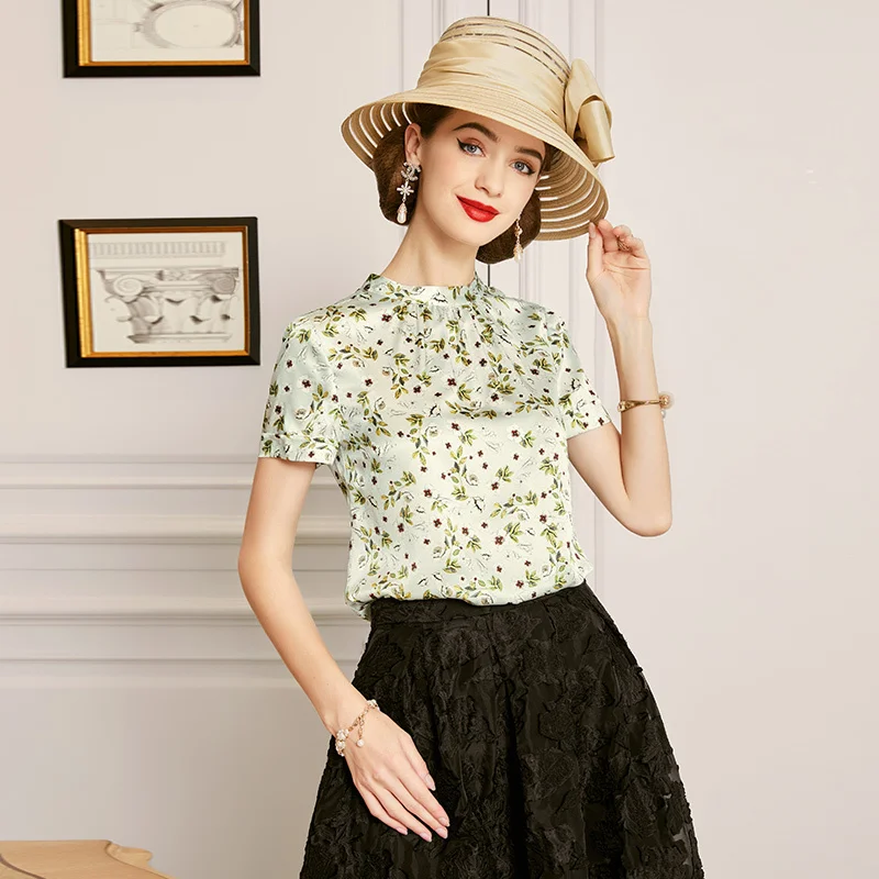 

SHZQ Silk Shirt Women's Foreign Style Stand Collar 2021 Summer New Mulberry Silk Temperament Short Sleeve Floral Top