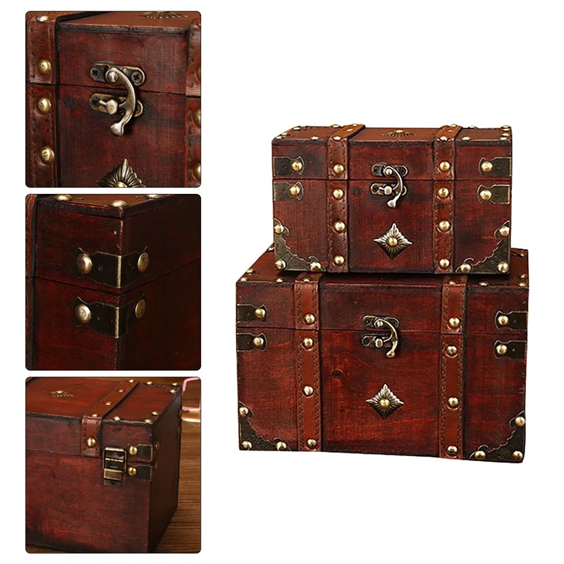 

2 Pieces/Set Vintage Wooden Treasure Chest Box Jewelry Storage Keepsake Small Within Large Case Room Decoration