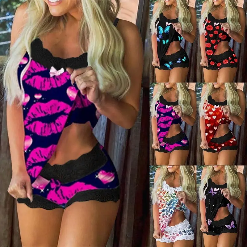

Oeak Lace Pajama Set Sleeveless Trim Bowknot Pyjamas Sleep Shorts Set Lace Pijama Suit Sleepwear Women Sexy Nighties