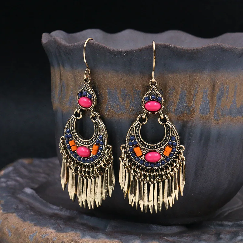 

Boho Retro Ethnic Dangle Long Earrings Colored Beads Metal Hook Earrings Women Fashion Earring