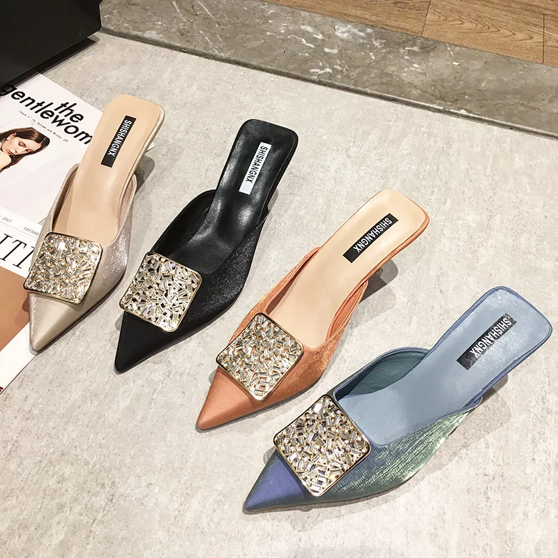 

2021 Summer Fashion High Heels Bling Crystal Mules Shoes for Women Indoor Outdoor Office Slippers Sexy Ladies Slides Mules