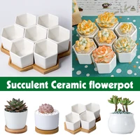 hexagon flowerpots with bamboo stand white ceramic succulent plant pot small bonsai flower pots green planters home office decor