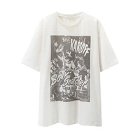 puwd y2k girl cotton white short sleeve tops 2021 summer fashion ladies loose casual o neck t shirt chic women oversize tees