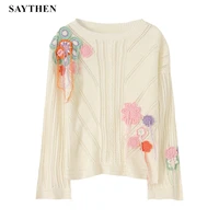 saythen spring and autumn fashion pullover womens gentle wind sweet embroidered flower temperament sweater jacket