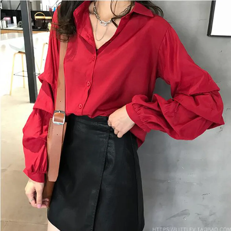 

Spring Autumn Long Sleeve Shirt Womens Blouses 2020 Single-breasted Solid Red Blouse Womens Tops And Blouses Plus Size Tops