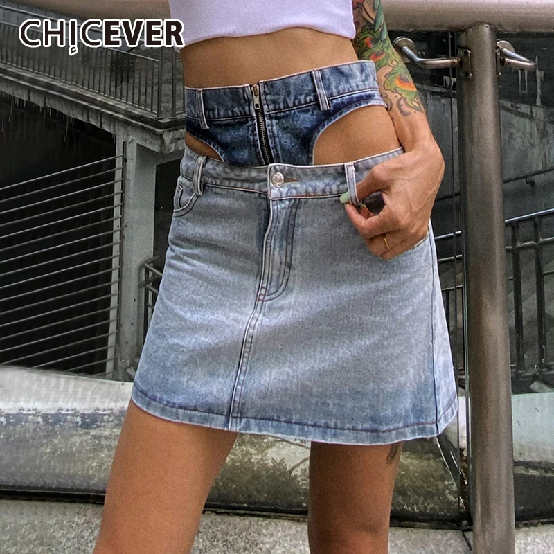 

CHICEVER Hit Color Denim Skirt For Women High Waist Patchwork Zipper Hollow Out A Line Mini Skirts Female 2021 Fashion Style New