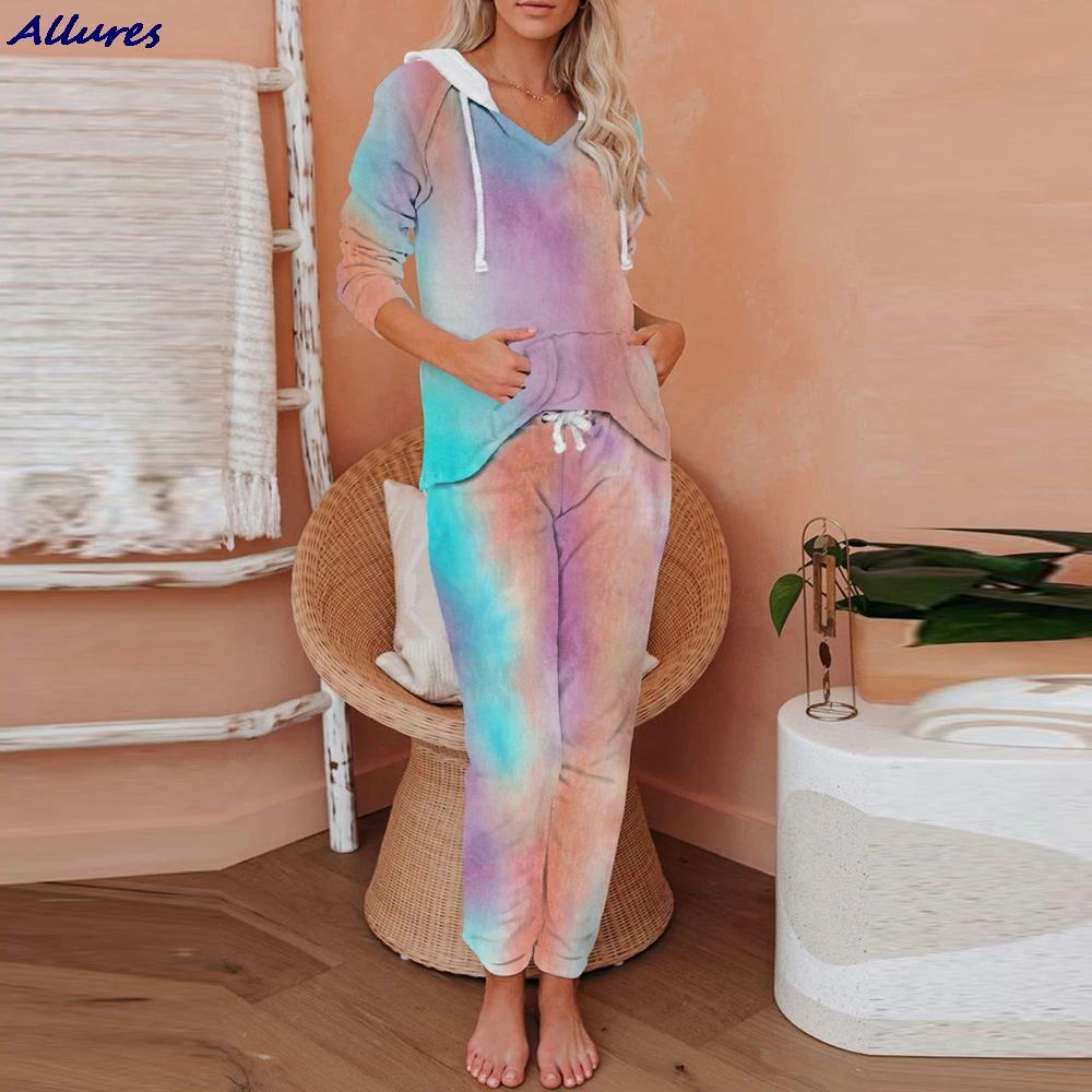 

Allures The new Europe and the United States 2021 ms leisurewear two-piece amazon qiu dong yan color tie-dye long pajamas