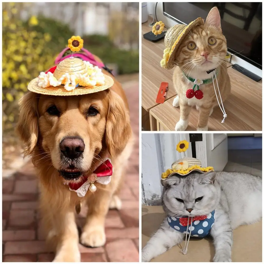 

Pet Hat Sunflower Pattern Decor Knitted Straw Adorable Wide Brim Hat for Photography