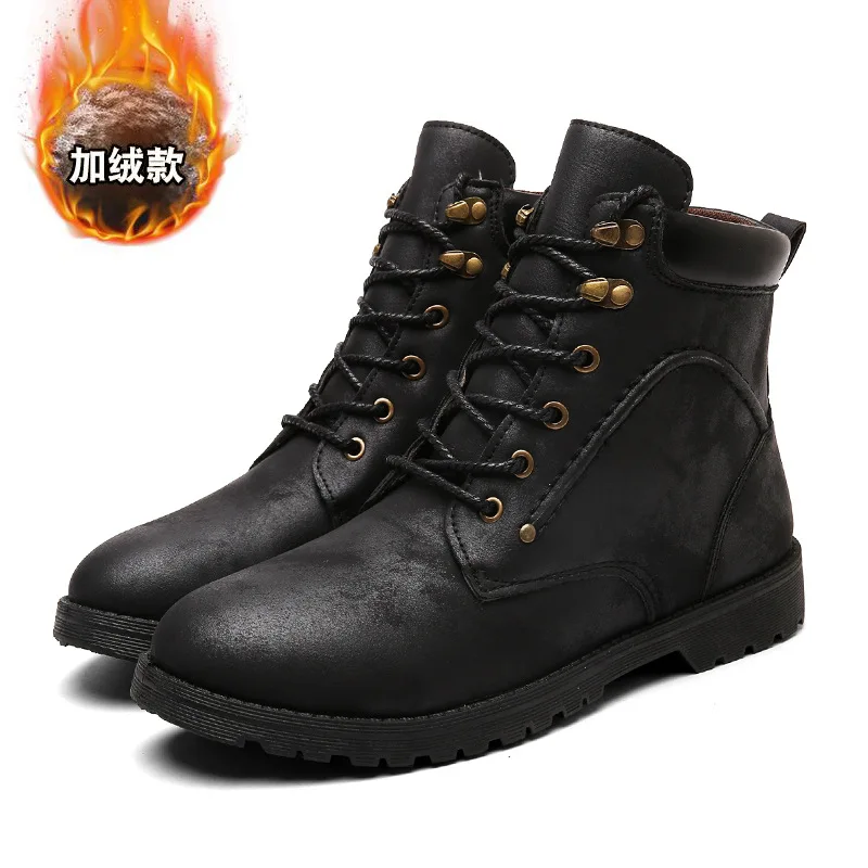 Мужские ботинки из ПУ кожи на шнуровке с коротким плюшем|Зимние сапоги| |