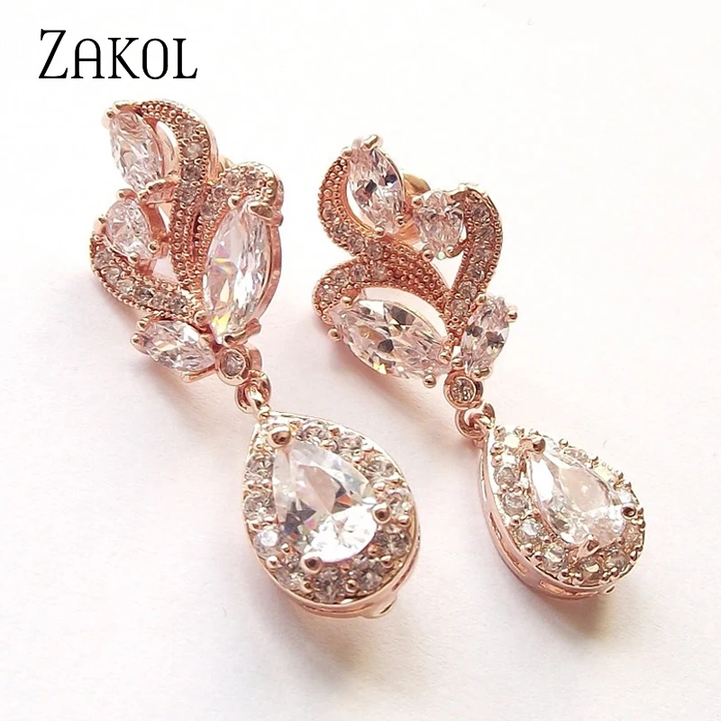 Модные серьги капельки ZAKOL с фианитом в виде маркиза изысканные свадебные