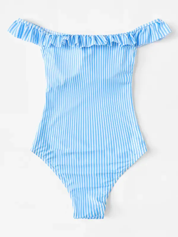 Женский костюм для плавания голубой белый с вертикальными полосками открытыми