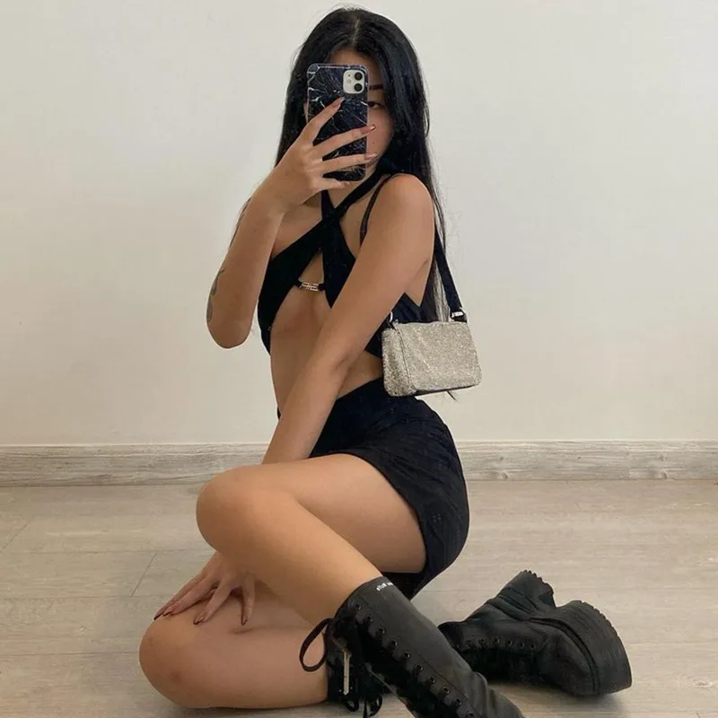 

Cryptographic Sexy Backless Halter Sexy Cut-Out Women Mini Dresses Bodycon Club Fashion Sleeveless Black Dress Holiday Clothes