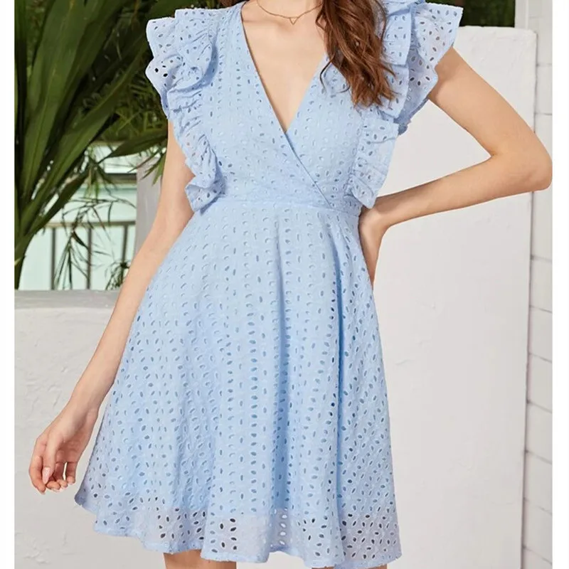 

Summer 2020 Elegant Women Dress Fashion Hollow Out V-neck Butterfly Sleeves Slim Mini Dress