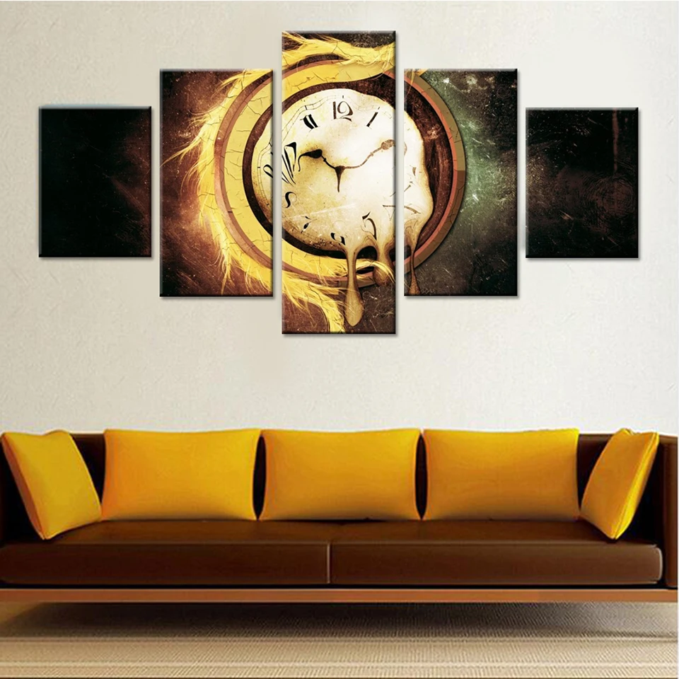 

Modular Home Decor Canvas Wall Art 5 Panel Melting Time Colock Pictures Printed Modern HD Living Room Paintings Posters Abstract